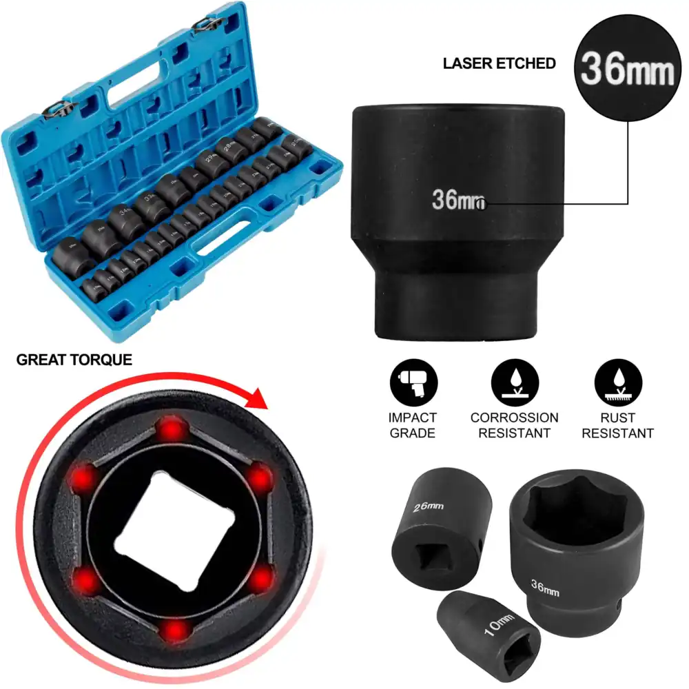 Industrial Laser Repair - メートル規格インパクトソケットセット、CR-V鋼製6ポイント浅型ソケット、レーザー刻印サイズマーキング付き、自動車修理および工業用